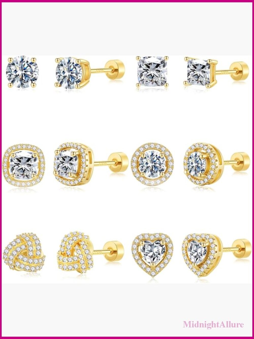 6 Pairs Hypoallergenic Flat Back Stud Earrings Set - Gold Plated CZ Earrings